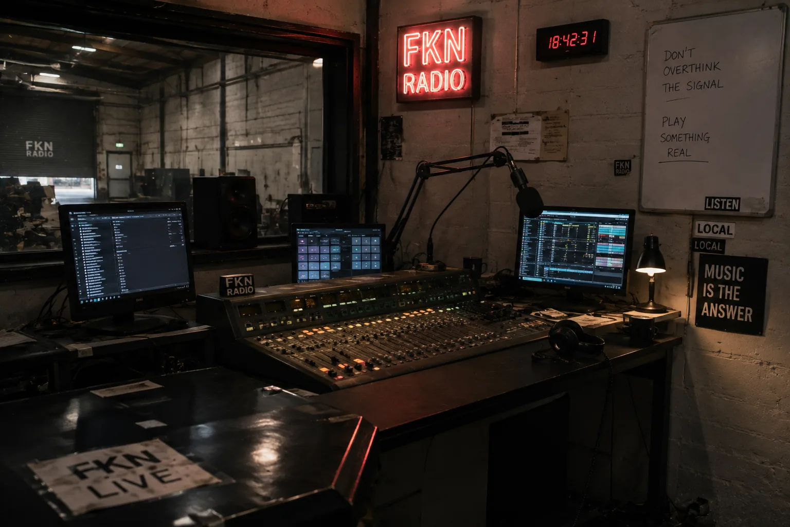 FKN Radio broadcast room and technicians