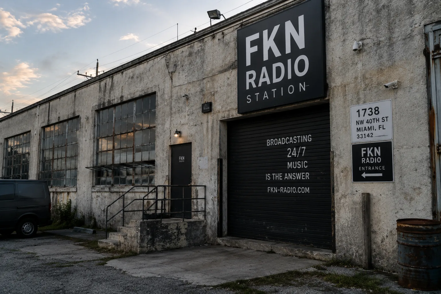 FKN Radio station and industrial exterior